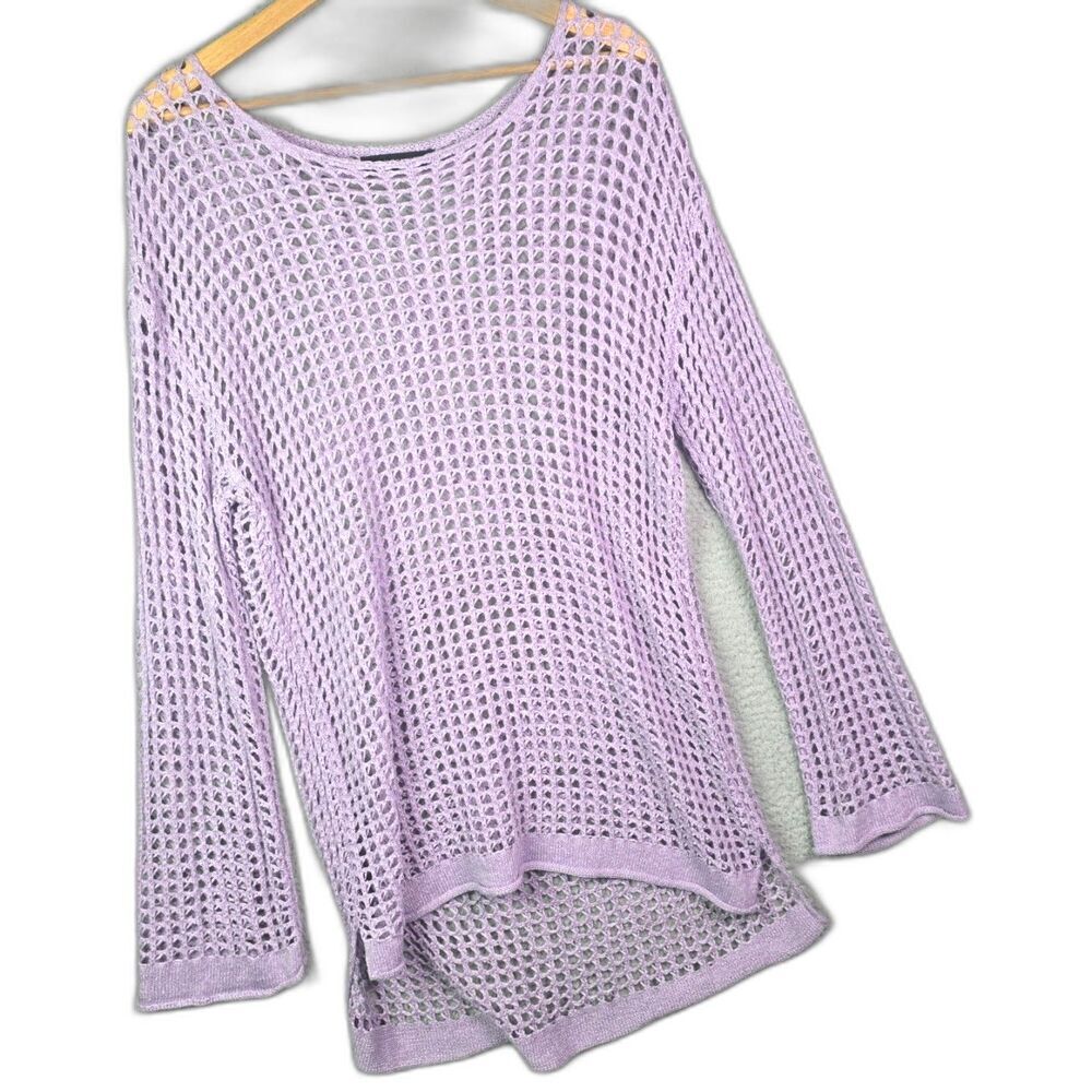 Zesica Cover Up Purple L Open Knit Crochet Boho Beach Tunic Bell Sleeve